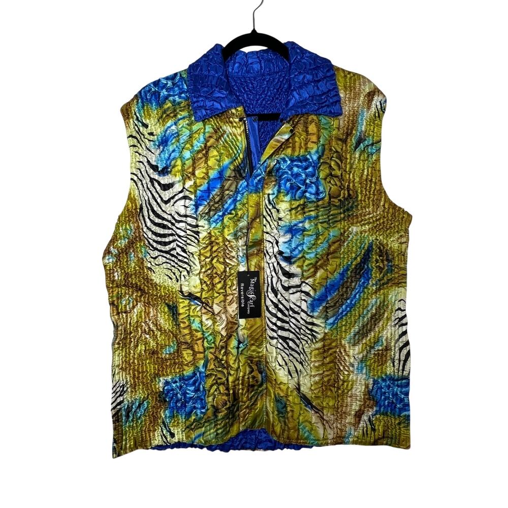 THE MAGIC SCARF COMPANY Reversible Vest Women XL 2X Blue Gold Crinkle Art Print